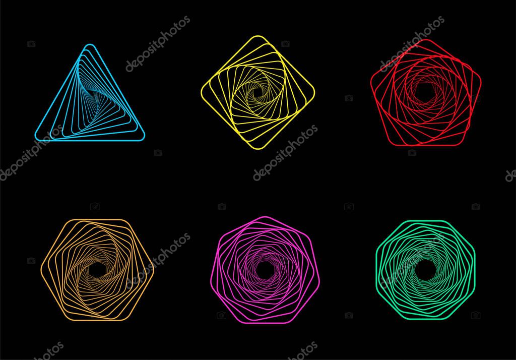 Set of twisted futuristic spirals. Collection of wavy fractals. Abstract wireframe linear tunnels. Technology graphic spiral. Vector illustration for website.
