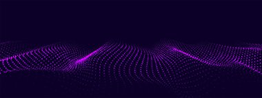 Dinamik mor parçacık dalgası. Geleceğin parlayan dalgası. Dijital yapıyı aktar. Veri teknolojisi geçmişi. Vektör illüstrasyonu.