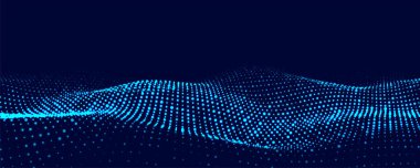 Dinamik mavi parçacık dalgası. Geleceğin parlayan dalgası. Dijital yapıyı aktar. Veri teknolojisi geçmişi. Vektör illüstrasyonu.