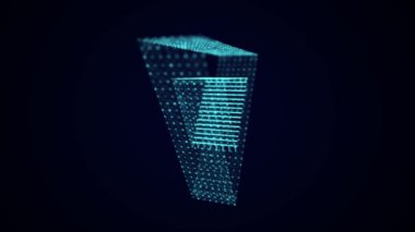 Mavi arka planda soyut dinamik bir üçgen. Bilimsel veri akışı. Fütürist dijital teknoloji. 3B görüntüleme.