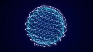 Mavi arkaplan üzerinde eğimli parçacık çizgileri olan küre. Parlak kıvrımlı çizgiler. Genel ağ bağlantısı. Gelecekçi teknoloji tarzı. 3B görüntüleme.