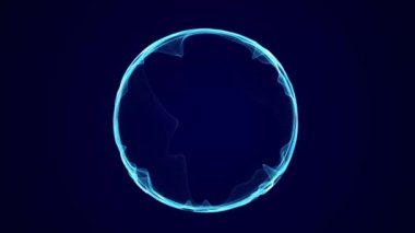 Müzik için küresel dengeleyici. Parçacıkların yuvarlak ses dalgası. Müzikal soyut mavi arka plan. 3B görüntüleme.