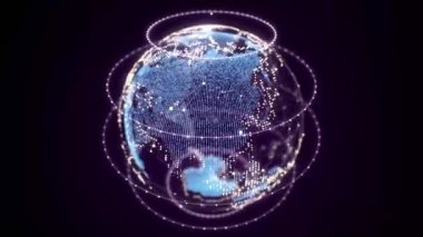 Digital planet earth with particles in cyberspace. The flow of scientific data in the global network. Science and technology futuristic background. Metaverse concept. 3D rendering.