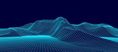 Dijital kablo çerçevesi. Tel çerçeve çokgen arazi tasarımı. Dağlarda vadileri olan dijital siber uzay. Vektör illüstrasyonu.