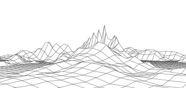 Dijital kablo çerçevesi. Tel çerçeve çokgen arazi tasarımı. Dağlarda vadileri olan dijital siber uzay. Vektör illüstrasyonu.