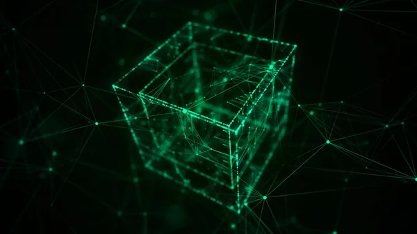 Cubo Futurista Com Partículas Conectadas Ciberespaço Conceito Blockchain Tecnológico Grandes — Fotografia de Stock