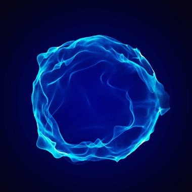 Müzik için küresel dengeleyici. Parçacıkların yuvarlak ses dalgası. Müzikal soyut mavi arka plan. 3B görüntüleme.