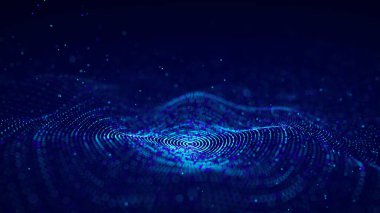 Mavi arkaplanda üç boyutlu dijital dairesel dinamik dalga. Teknoloji akıllı dalgası. Kusursuz akış dijital yapısı. Siber teknoloji geçmişi. 3B görüntüleme.