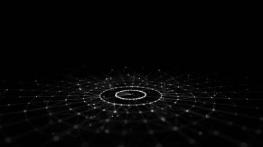 Dairesel partikül akışının geleceği. Dijital siber uzay. Ağ bağlantıları yapısı. 3B görüntüleme.