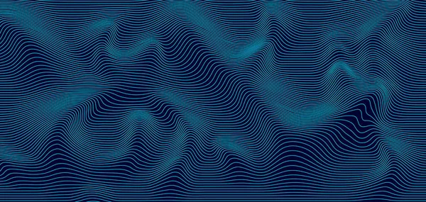 青い背景に波状の3Dメッシュを抽象化 幾何学的な動的波 3D技術のワイヤーフレーム ベクターイラスト — ストックベクタ