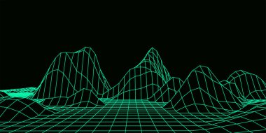 Dijital yeşil kablo manzarası. Tel çerçeve çokgen arazi tasarımı. Dağlarda vadileri olan dijital siber uzay. Vektör illüstrasyonu.