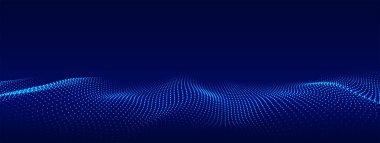 Dinamik mavi parçacık dalgası. Geleceğin parlayan dalgası. Dijital yapıyı aktar. Veri teknolojisi geçmişi. Vektör illüstrasyonu.