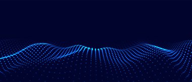 Dinamik mavi parçacık dalgası. Geleceğin parlayan dalgası. Dijital yapıyı aktar. Veri teknolojisi geçmişi. Vektör illüstrasyonu.