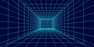 3D wireframe room on blue background. Abstract perspective grid. Vector illustration.