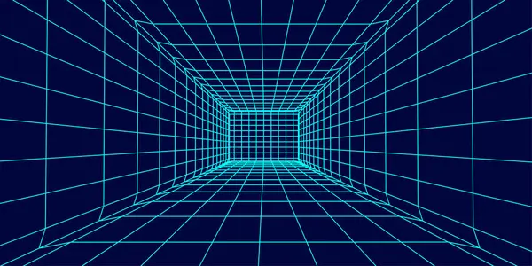 stock vector 3D wireframe room on blue background. Abstract perspective grid. Vector illustration.