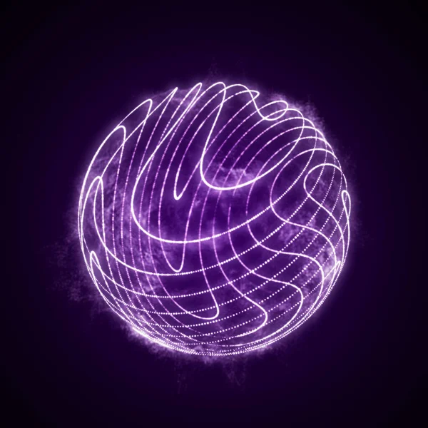 Sphere of purple particles in cyberspace. Impulse dynamic flow of global energy energy. Futuristic technology style. 3D rendering.