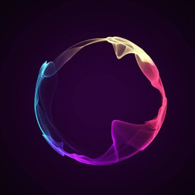 Müzik için küresel dengeleyici. Parçacıkların yuvarlak ses dalgası. Müzikal soyut renkli tasarım öğesi. 3B görüntüleme.