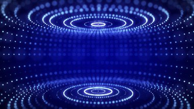 Gelecekçi mavi dairesel parçacık akışı. Ağ bağlantılarının yapısı. Veri sıkıştırma teknolojisi. Büyük veri görselleştirmesi. 3B görüntüleme.