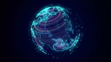 Digital planet earth with particles in cyberspace. The flow of scientific data in the global network. Science and technology futuristic background. Metaverse concept. 3D rendering.