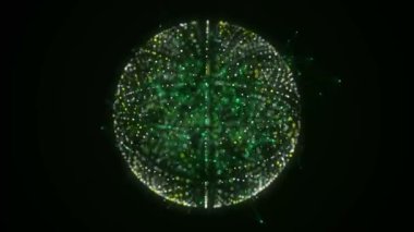 Bağlantı ağı için parçacıklardan oluşan fütürist titreşimli küre. Siber uzayda yeşil parçacık akışı. Uzay enerjisi kavramı. 3B görüntüleme.