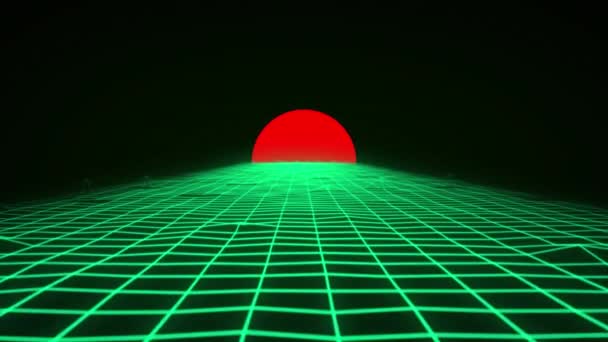 Paisagem Retro Digital Com Sol Vermelho Estilo 1980 Grelha Perspectiva — Vídeo de Stock