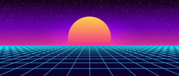 1980 'lerin dijital retro manzarası. Gelecekçi siber yüzey. 80 'lerin Retro-Fi geçmişi. Albüm kapağı ya da 80-90 'ların tarzında afiş. Vektör illüstrasyonu.