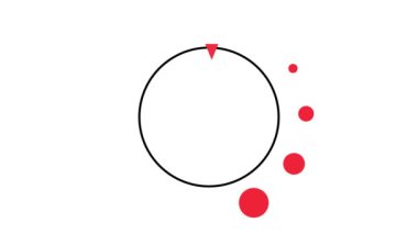 Bir çember yolundaki soyut geometrik şekillerin akış animasyonu. Kırmızı renk kavramı. Girişte kullanmak için hareket tasarım ögeleri.