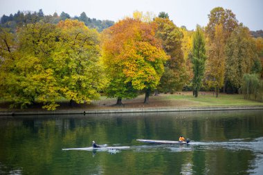 İtalya, Torino, Parco del Valentino 'daki Po Nehri' nde kürekçiler, canlı sonbahar yapraklarıyla çevrili. Şehirde spor ve doğa sahnesi.