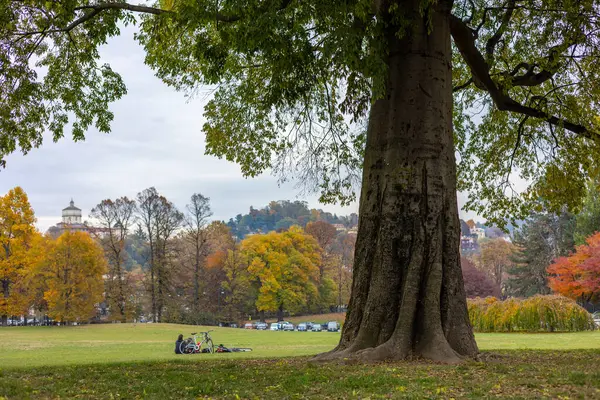 Parco del Valentino, Torino, İtalya 'da taklalar, renkli ağaçlar ve parkın tadını çıkaran insanlar. Santa Maria al Monte dei Cappuccini uzaktan görülebilir..