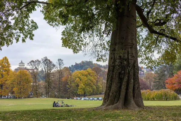 Parco del Valentino, Torino, İtalya 'da taklalar, renkli ağaçlar ve parkın tadını çıkaran insanlar. Santa Maria al Monte dei Cappuccini uzaktan görülebilir..