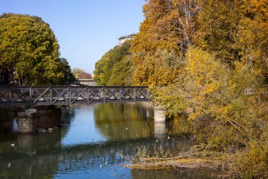 İtalya 'nın Torino kentindeki Dora Riparia nehrinin üzerindeki Ponte del Carbone (Kömür Köprüsü) sonbahar manzarası. Renkli yapraklar suya yansıyor.