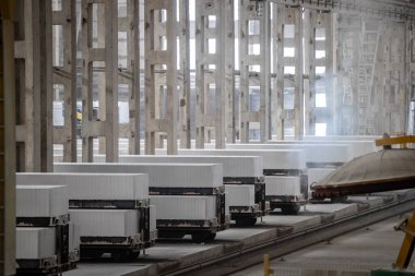 Havalandırılmış beton bloklar, AAC blokları (Otoklavize havalandırmalı beton), Fly ash veya Grey Cement Fly Ash Bricks endüstriyel üretimi. Otoklavlar ve tramvaylar kesilmiş. Atölyenin genel görünümü