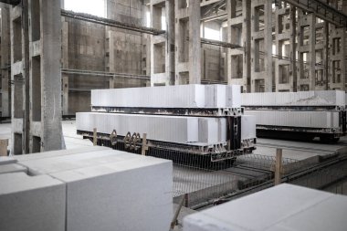 Havalandırılmış beton bloklar, AAC blokları (Otoklavize havalandırmalı beton), Fly ash veya Grey Cement Fly Ash Bricks endüstriyel üretimi. Bir otoklavda işlendikten sonra kesme blokları olan arabalar tedavi edilir.