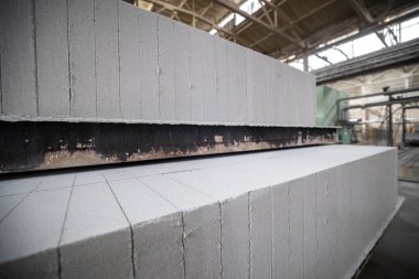Havalandırılmış beton bloklar, AAC blokları (Otoklavize havalandırmalı beton), Fly ash veya Grey Cement Fly Ash Bricks endüstriyel üretimi. Bir otoklavda işlendikten sonra kesme blokları olan arabalar tedavi edilir.