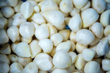 İnce buz kaplamalı, dondurulmuş sarımsak soğanlarının yakın çekimi. Süpermarketlerde raf ömrünün uzatılması ve bozulabilir hasat kalitesinin korunması için perakende paketlemeye hazırlar..