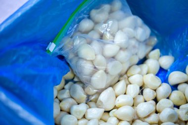 İnce buz kaplamalı, dondurulmuş sarımsak soğanlarının yakın çekimi. Süpermarketlerde raf ömrünün uzatılması ve bozulabilir hasat kalitesinin korunması için perakende paketlemeye hazırlar..