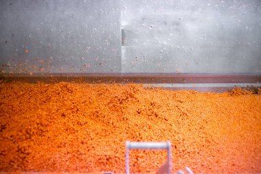 Parlak renkte doğranmış havuç küpleri helikopter koleksiyoncusundan hareket eden bir ağ taşıyıcısının üzerine düşer ve sonra da patlayıcı dondurucunun içine düşer..