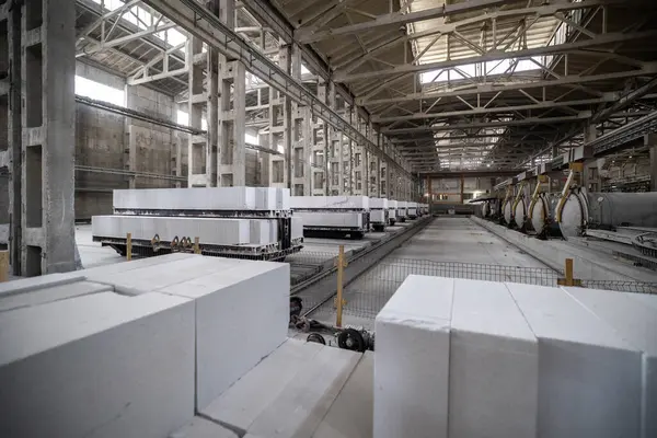 Havalandırılmış beton bloklar, AAC blokları (Otoklavize havalandırmalı beton), Fly ash veya Grey Cement Fly Ash Bricks endüstriyel üretimi. Otoklavlar ve tramvaylar kesilmiş. Atölyenin genel görünümü