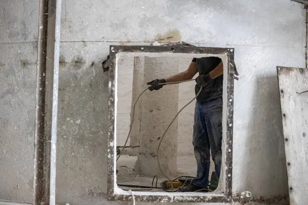 Havalandırılmış beton blokların endüstriyel üretimi, AAC blokları (Otoklavize edilmiş beton). İşçi, birleşik karışımın karıştırıcısının onarımına hazırlık çalışmalarını sürdürüyor..