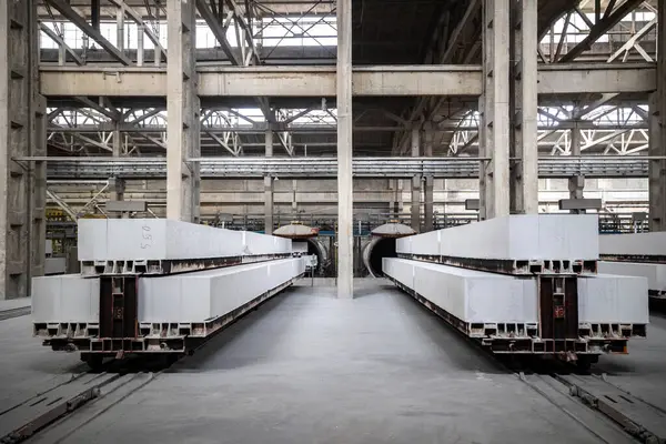 Havalandırılmış beton bloklar, AAC blokları (Otoklavize havalandırmalı beton), Fly ash veya Grey Cement Fly Ash Bricks endüstriyel üretimi. Otoklavlar ve tramvaylar kesilmiş. Atölyenin genel görünümü