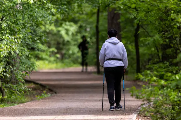 Parkta bir terrenkur patikasında yürüyen bir kadın. Spor kıyafetleri giyer ve yürüme sopaları kullanır. Çevresi yeşilliklerle çevrili olarak belirlenmiş yolda sabit bir hızda hareket eder..