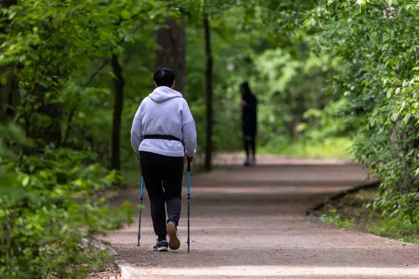 Parkta bir terrenkur patikasında yürüyen bir kadın. Spor kıyafetleri giyer ve yürüme sopaları kullanır. Çevresi yeşilliklerle çevrili olarak belirlenmiş yolda sabit bir hızda hareket eder..