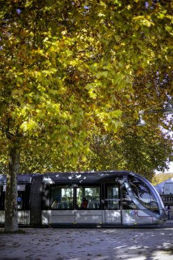 Bordeaux, Fransa - 23 Kasım 2021: Bir TBM tramvayı, Girondins Anıtı yakınlarındaki Place des Quinconces 'taki bir çınar ya da uçak ağacı sokağının altında son durağında..