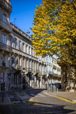 Bordeaux, Fransa - 23 Kasım 2021: Klasik binalar ve sonbahar ağaçları Cours de Tournon, yaya geçidi ve park edilmiş bisikletler. Bordeaux, Gironde, Yeni Aquitaine, Fransa.