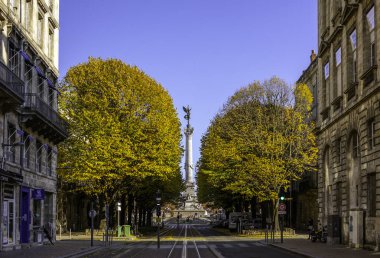 Bordeaux, Fransa - 23 Kasım 2021: Klasik binalar ve sonbahar ağaçları Cours de Tournon, yaya geçidi ve park edilmiş bisikletler. Bordeaux, Gironde, Yeni Aquitaine, Fransa.
