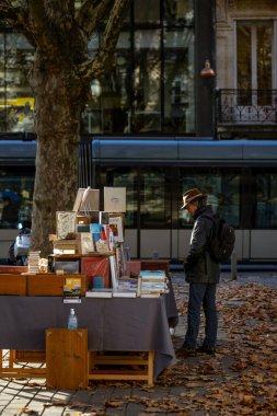 Bordeaux, Fransa - 23 Kasım 2021: Jean Moulin Meydanı 'ndaki açık hava kitap pazarı, insanların kitap baktığı bir sonbahar ağacı ve arka planda bir heykel. Bordeaux, Gironde, Yeni Aquitaine, Fransa.