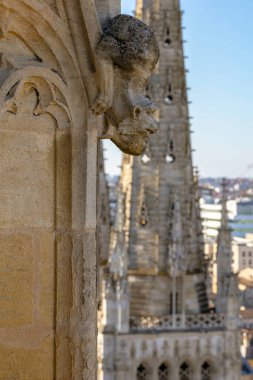 The Tour Pey Berland gözlem güvertesinden bir hava görüntüsü. Cathedrale Saint-Andre 'nin Gotik kuleleri. Önünde taş heykeller var. Bordeaux, Gironde, Yeni Akitanya, Fransa.