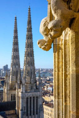 The Tour Pey Berland gözlem güvertesinden bir hava görüntüsü. Cathedrale Saint-Andre 'nin Gotik kuleleri. Önünde taş heykeller var. Bordeaux, Gironde, Yeni Akitanya, Fransa.