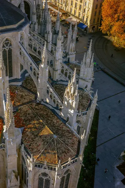 Saint-Andre Katedrali Gotik çatı çizgisi, uçan payandalar, kuleler ve karmaşık mimari detaylar. The Tour Pey Berland gözlem güvertesinden görüntü. Bordeaux, Gironde, Yeni Aquitaine, Fransa.
