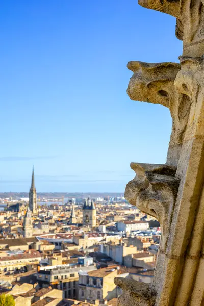 Bordeaux 'nun tarihi şehir merkezinin panoramik manzarası kırmızı kiremitli çatılar, Grosse Cloche, Fleche de la Basilique Saint-Michel ve Tour Pey Berland. Bordeaux, Gironde, Yeni Aquitaine, Fransa.